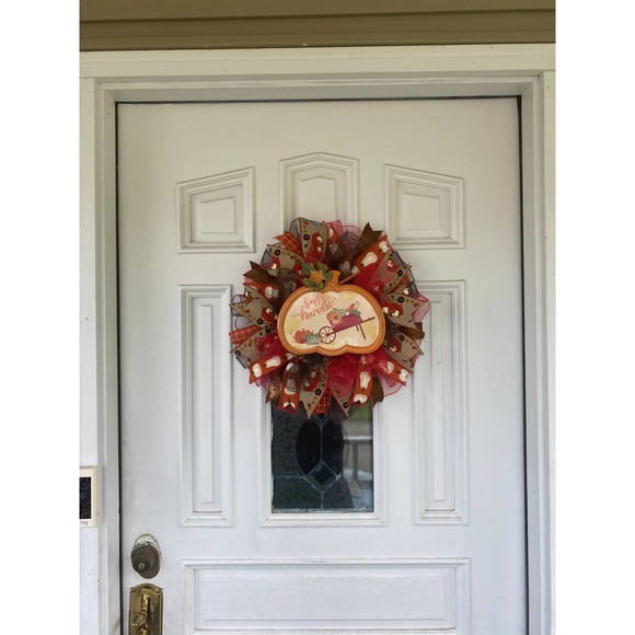 Happy Harvest Red Wheelbarrow Pumpkin Deco Mesh Ribbon Fall Storm Door Wreath - Picture 6 of 7
